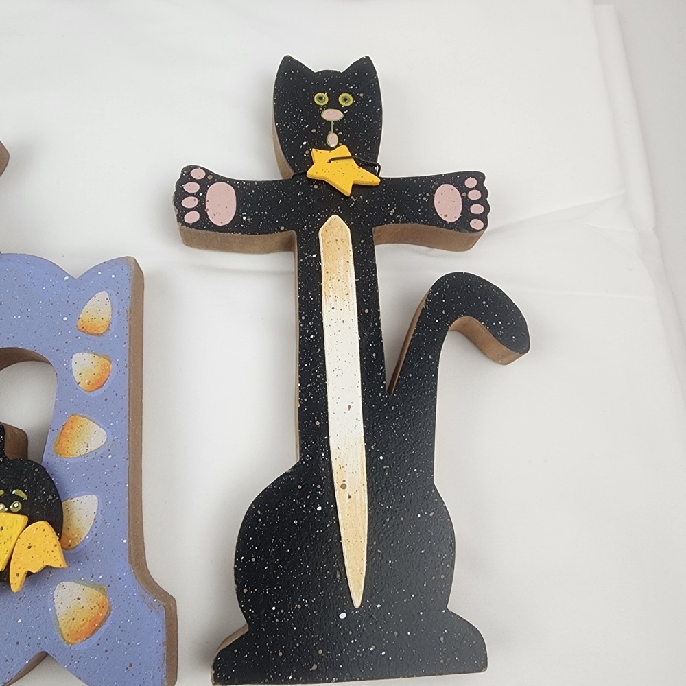 Halloween Trick Or Treat Hand Painted Letters Shelf Sitter Scarecrow Ghost Cat - Picture 8 of 10